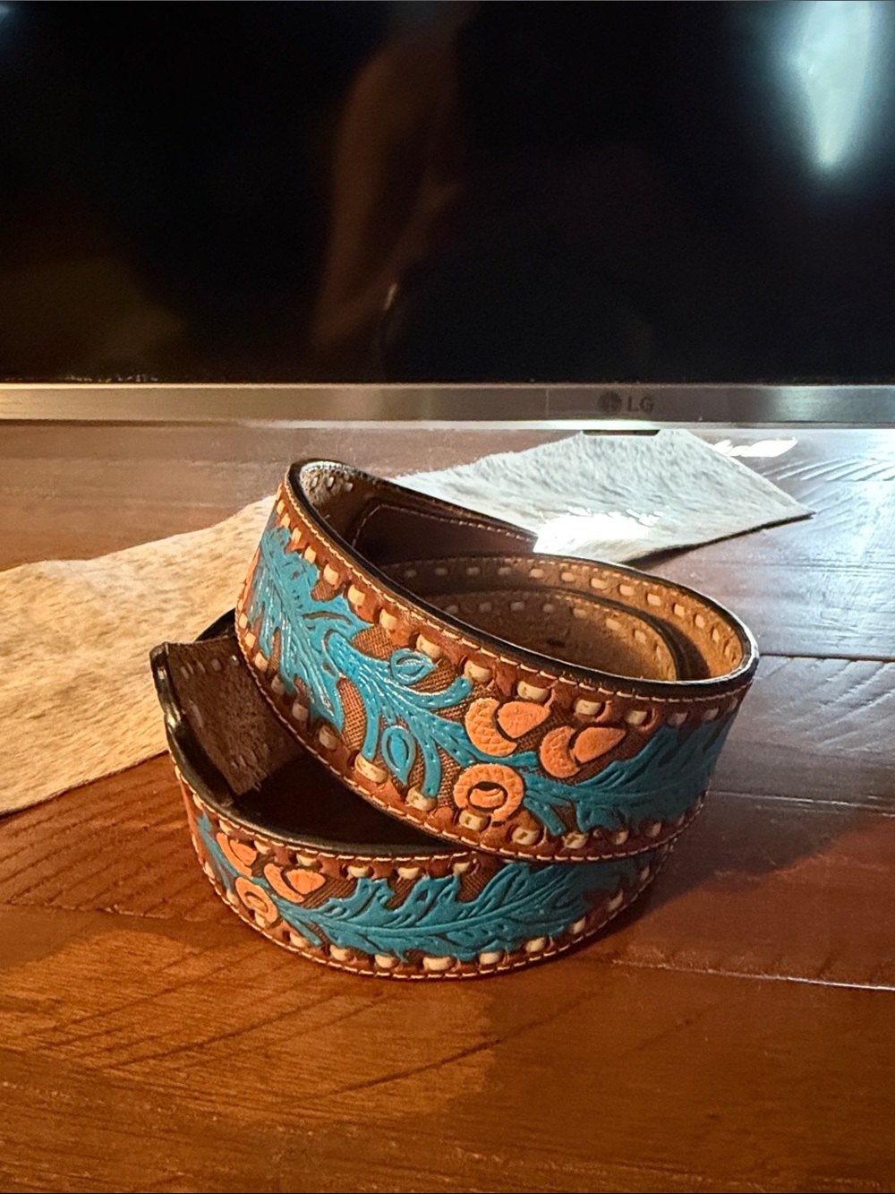 Handcrafted Tooled Leather Turquoise & Tan Women's Belt